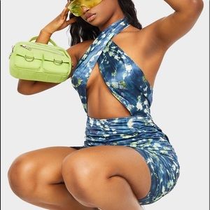 Teal satin tie dye halter neck ruched  bodycon dress